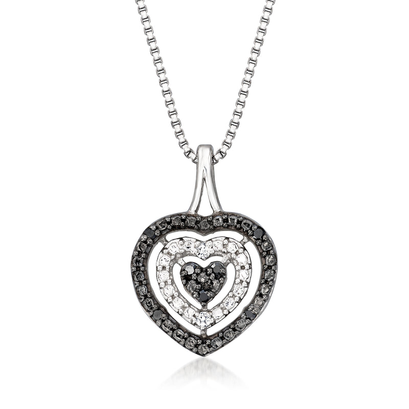 Sterling silver heart diamond pendant on chain, black halo with white center