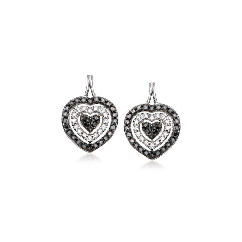 Sterling silver heart diamond stud earrings, black and white halo frame