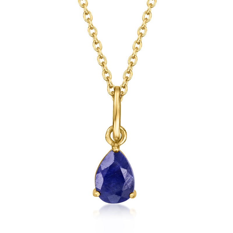 Gold cable-chain necklace with single faceted blue teardrop pendant