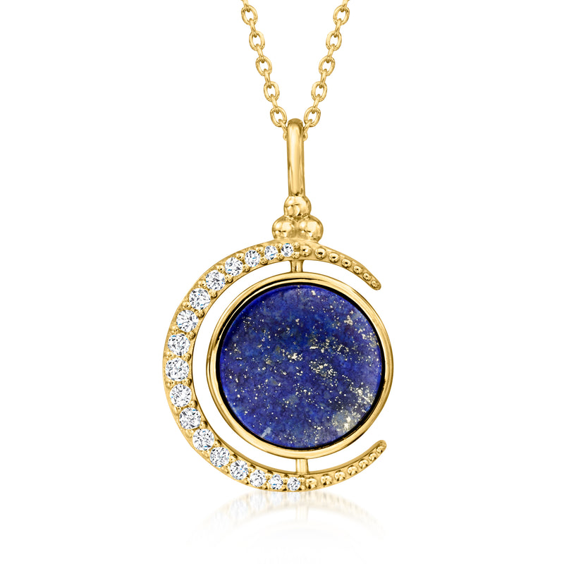 Gold reversible celestial pendant necklace with blue lapis-like center and white halo