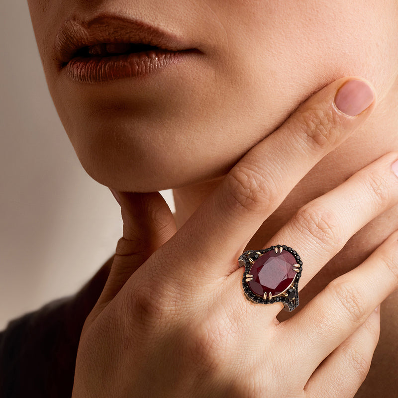 9.00 Carat Ruby Ring with Onyx and 1.00 ct. t.w. Black Spinels in 18kt Gold Over Sterling