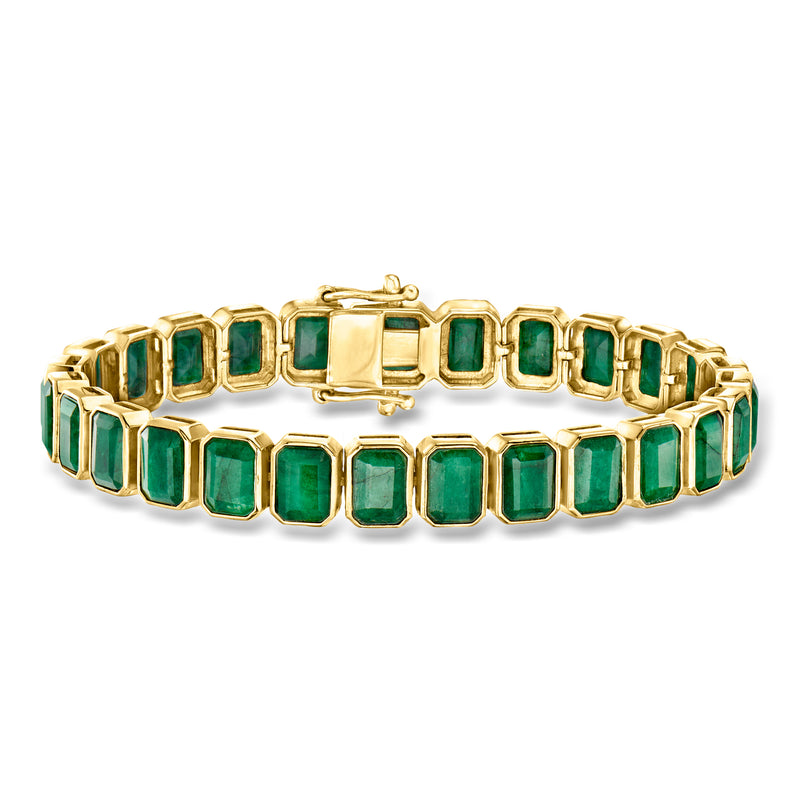 Gold emerald bezel-set tennis bracelet with rectangular green stones