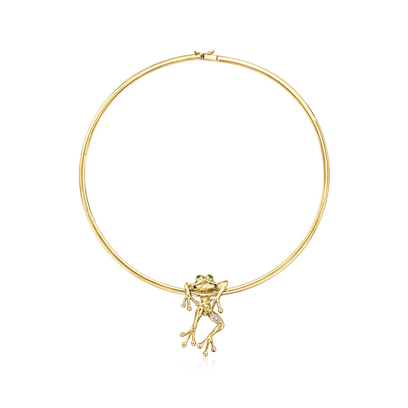 14kt yellow gold necklace with frog slide pendant, green gemstone and diamond accents