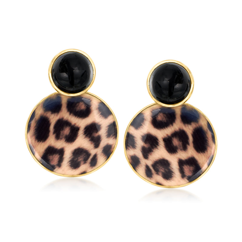 Gold-tone drop earrings with black round studs and leopard-print enamel discs