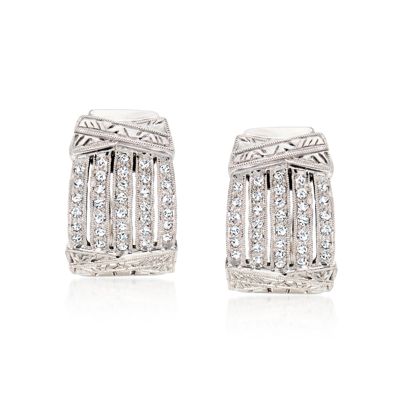 Diamond curved earrings in 18kt white gold, vintage style, clip/post