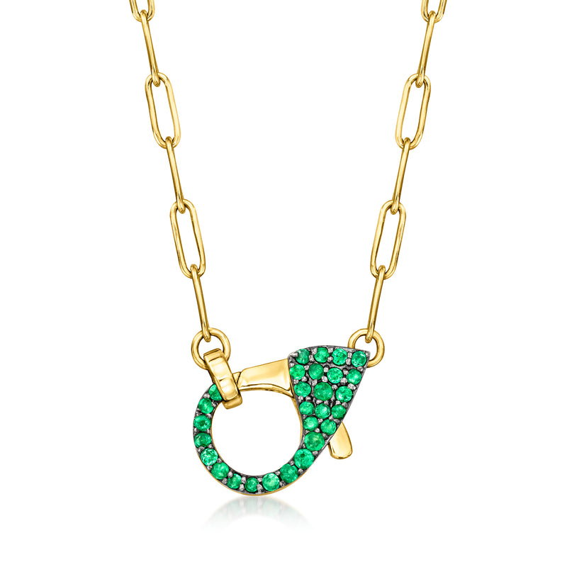 18kt gold over sterling necklace with green gemstone half-hoop pendant and link chain