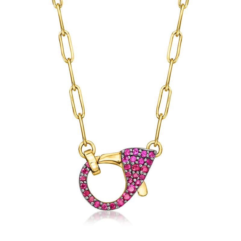 Gold over sterling paper clip link necklace with ruby lobster clasp pendant