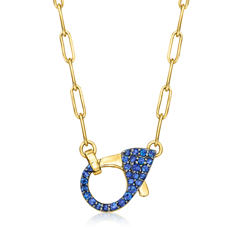 Gold paper clip link necklace with sapphire pavé lobster clasp pendant