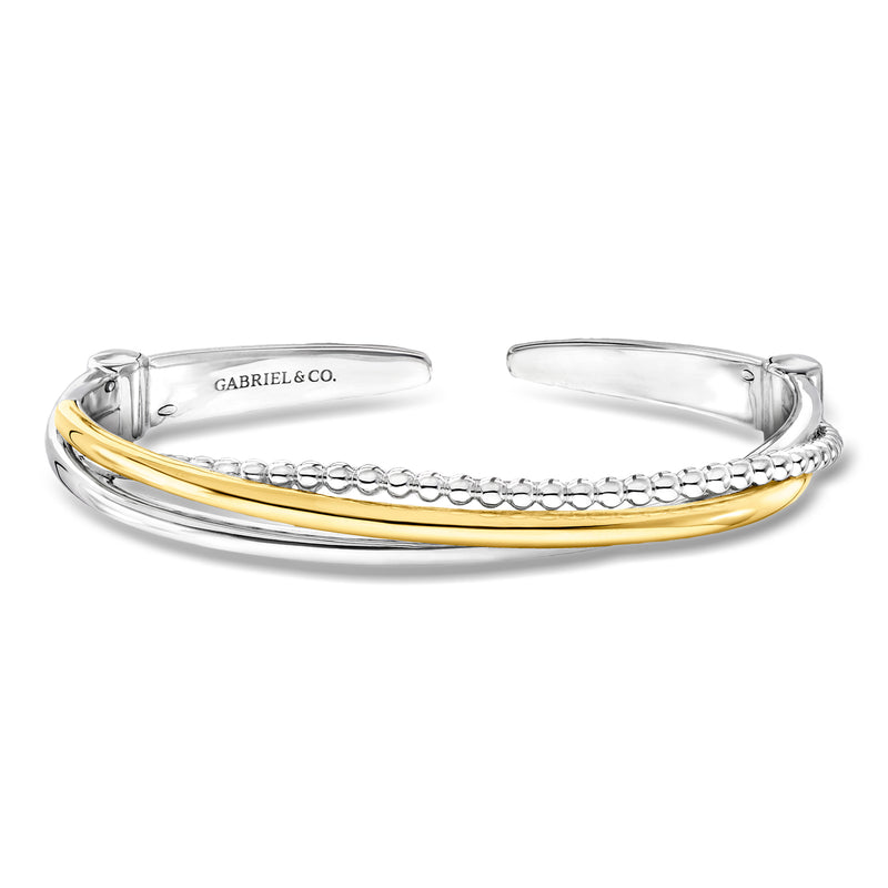 Sterling silver twisted cuff bracelet with 14kt yellow gold inlay and bead accents