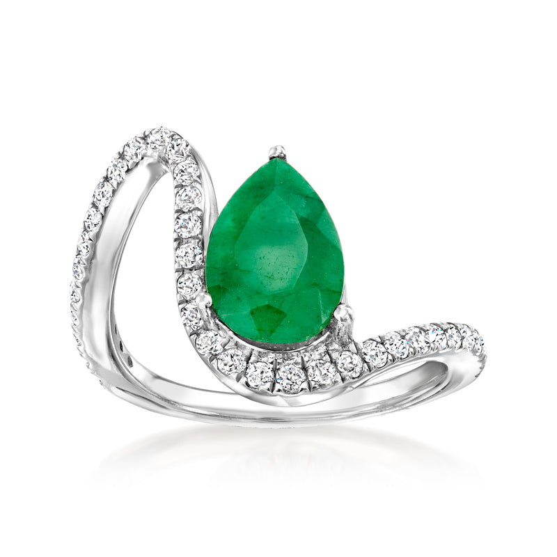 Wavy sterling silver ring with green pear-cut center gemstone and white topaz accents