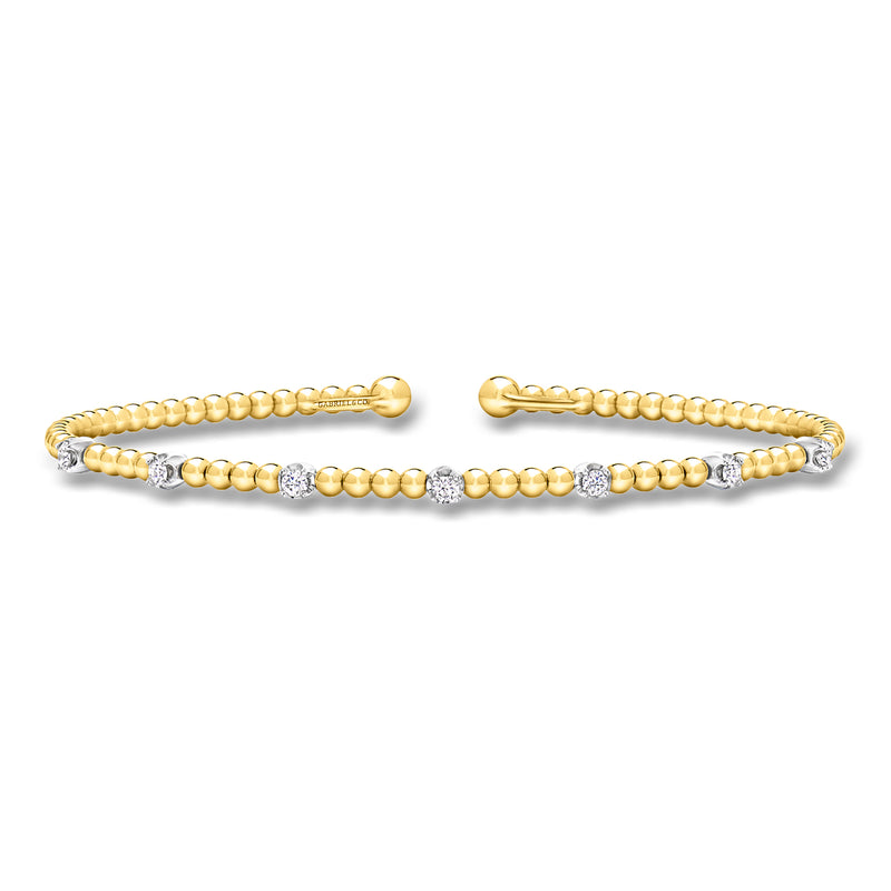 Two-tone 14kt gold diamond bead cuff bracelet with round bead links