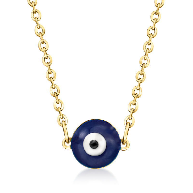 14kt yellow gold chain evil eye enamel pendant with blue, white, and black eye
