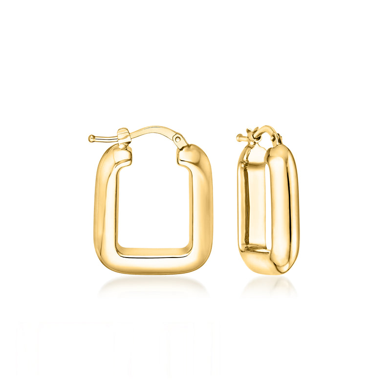 14kt yellow gold square hoop earrings with hinged clasp, polished finish