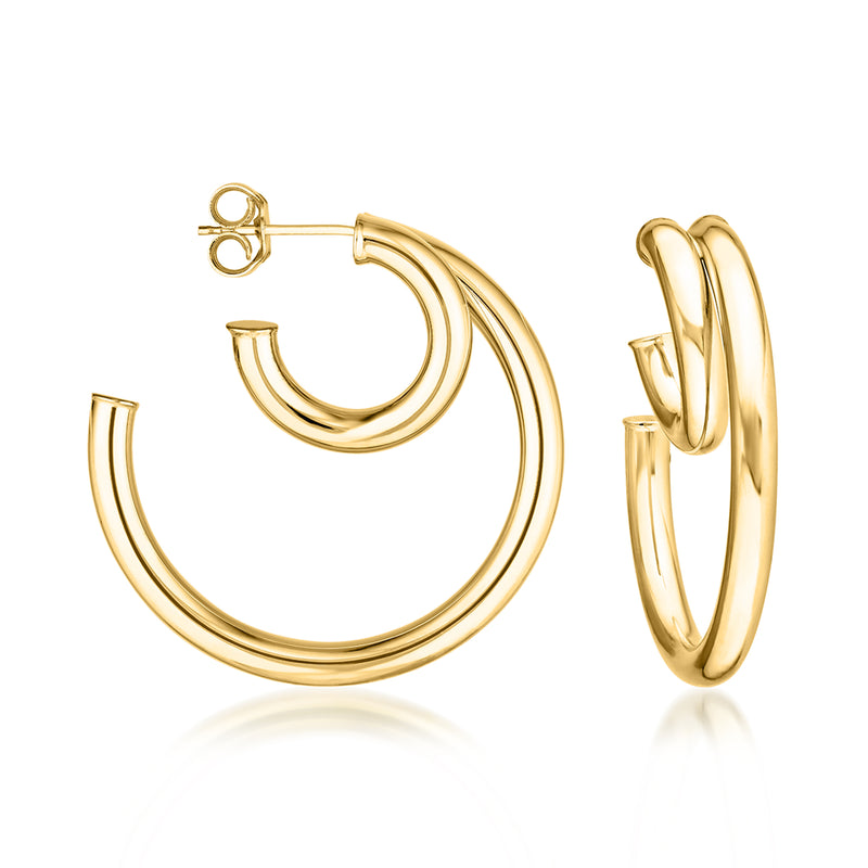 14kt yellow gold small double open-hoop earrings, curved linked hoops