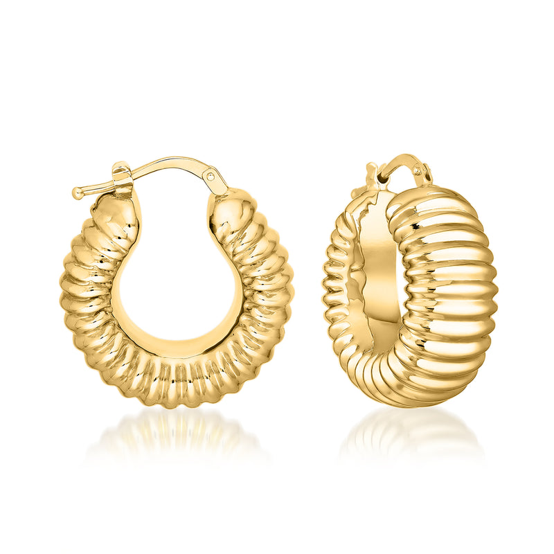 Yellow gold ribbed hoop earrings with hinged post clasp