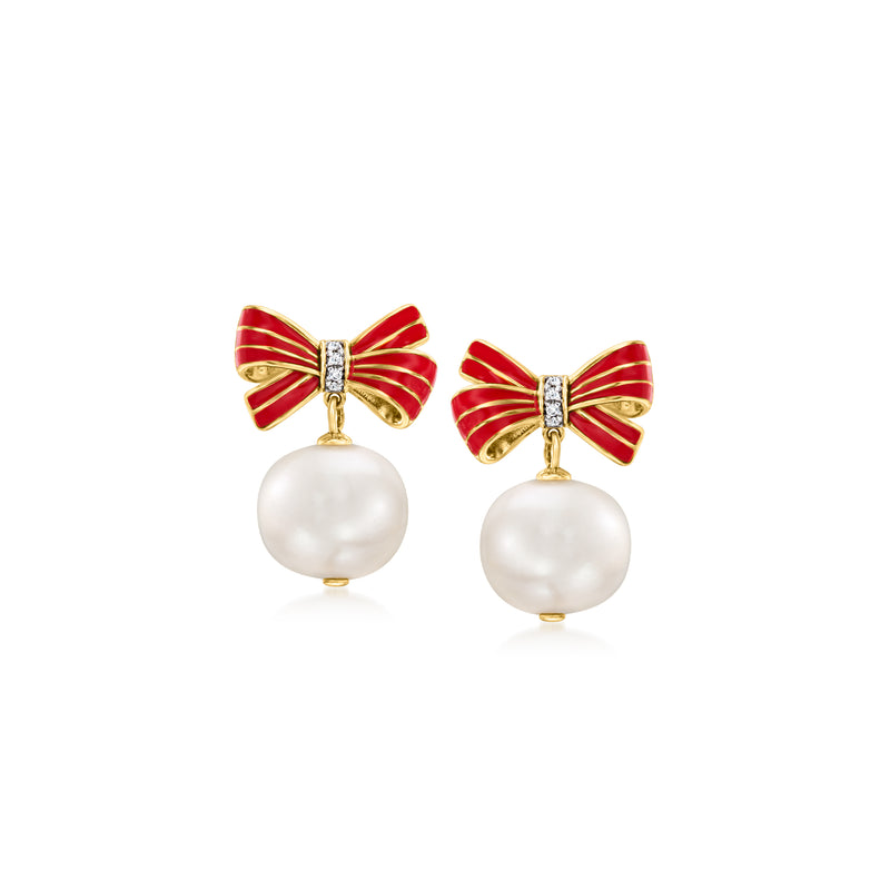 Red enamel bow drop earrings with diamond accents and white cultured pearl drops in gold
