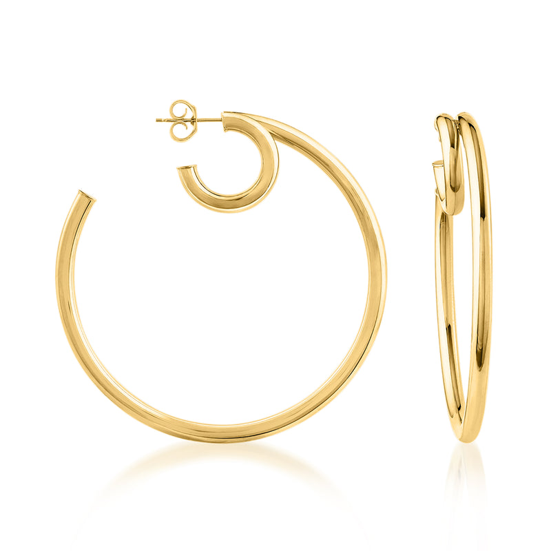 Large 14k yellow gold double open-hoop earrings, hinged clasp with smooth polished finish
