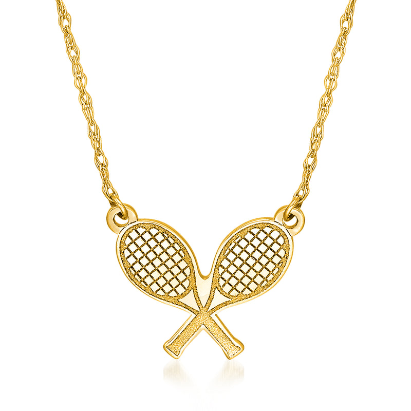 14kt yellow gold tennis racquet necklace with crossed racket pendant