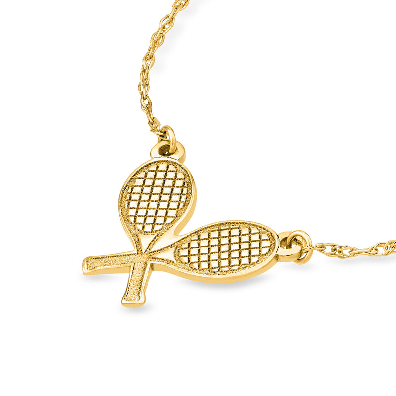 14kt yellow gold tennis racquet necklace with textured racket charm, side angle