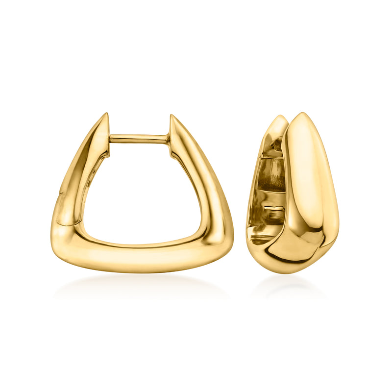 Gold vermeil triangular huggie hoop earrings with hinged clasp, triangular shape