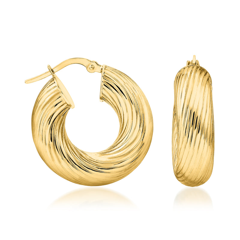 14kt yellow gold ribbed hoop earrings, hinged clasp