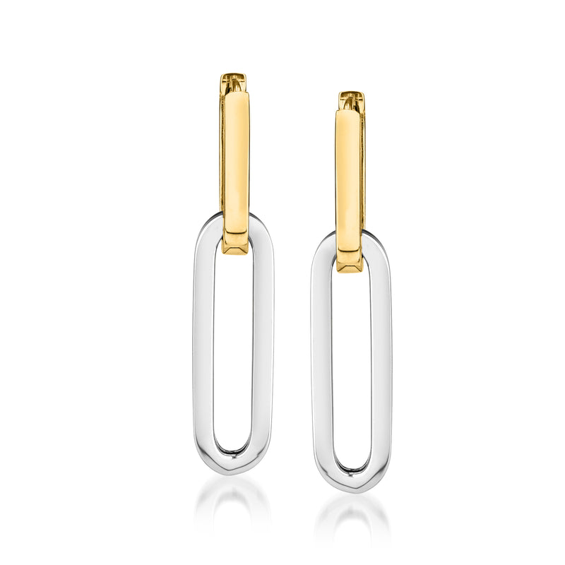14kt two-tone gold paperclip link hoop drop earrings with rectangular gold top caps