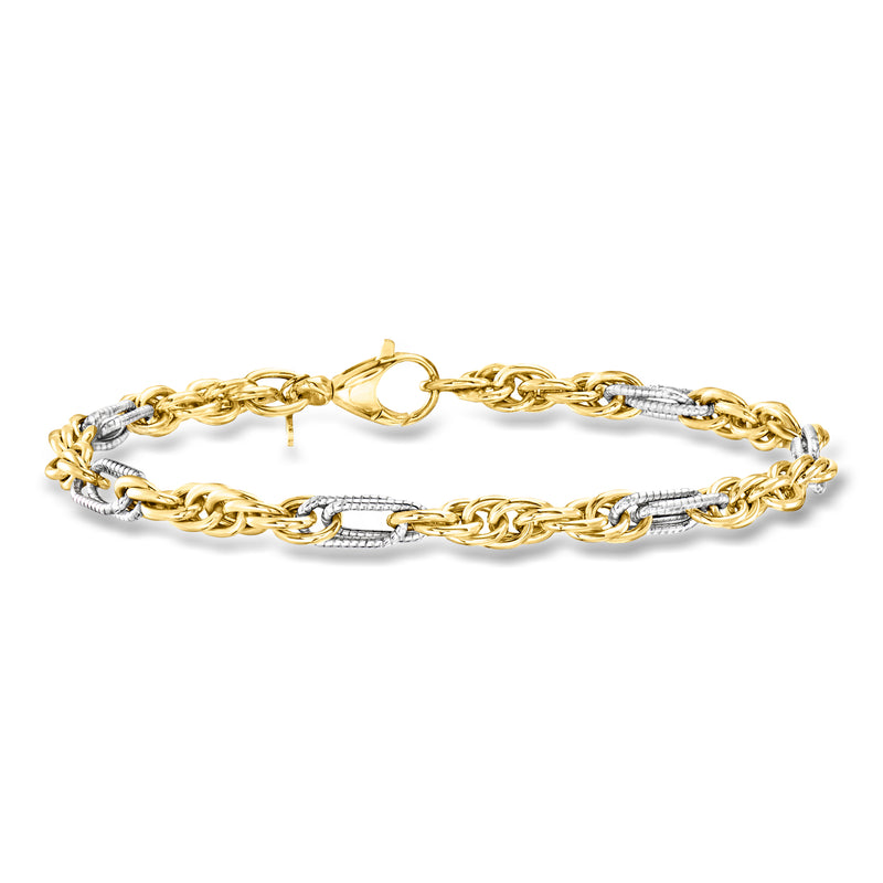 Two-tone gold and silver rope-chain bracelet with round link pattern and lobster clasp