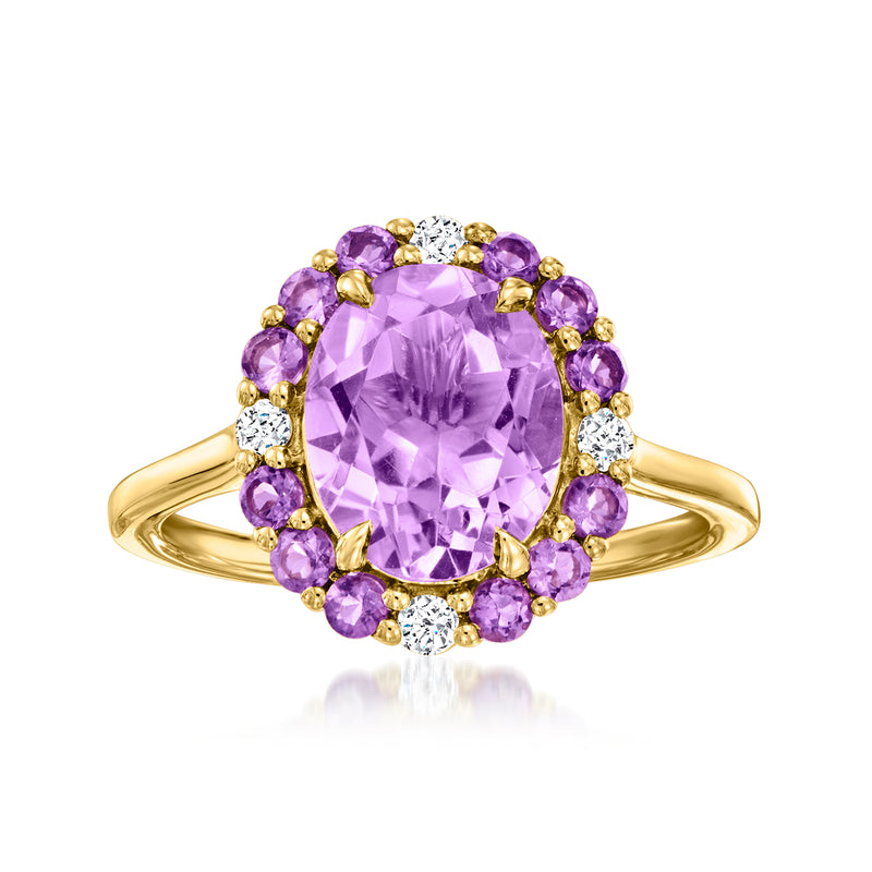 18kt gold over sterling amethyst and diamond ring with oval purple gemstone halo