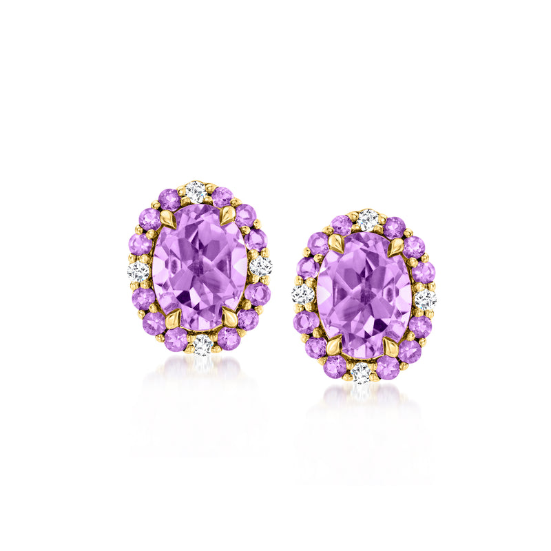 Amethyst and diamond stud earrings in gold over sterling with purple oval center stones