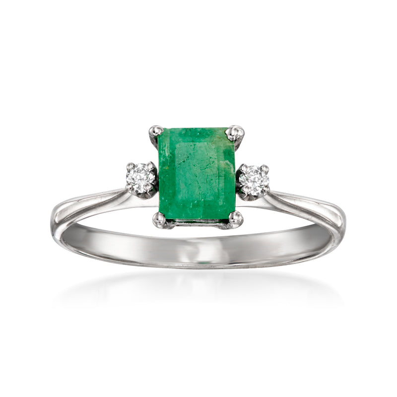 Vintage emerald and diamond ring in 14kt white gold, square green center stone