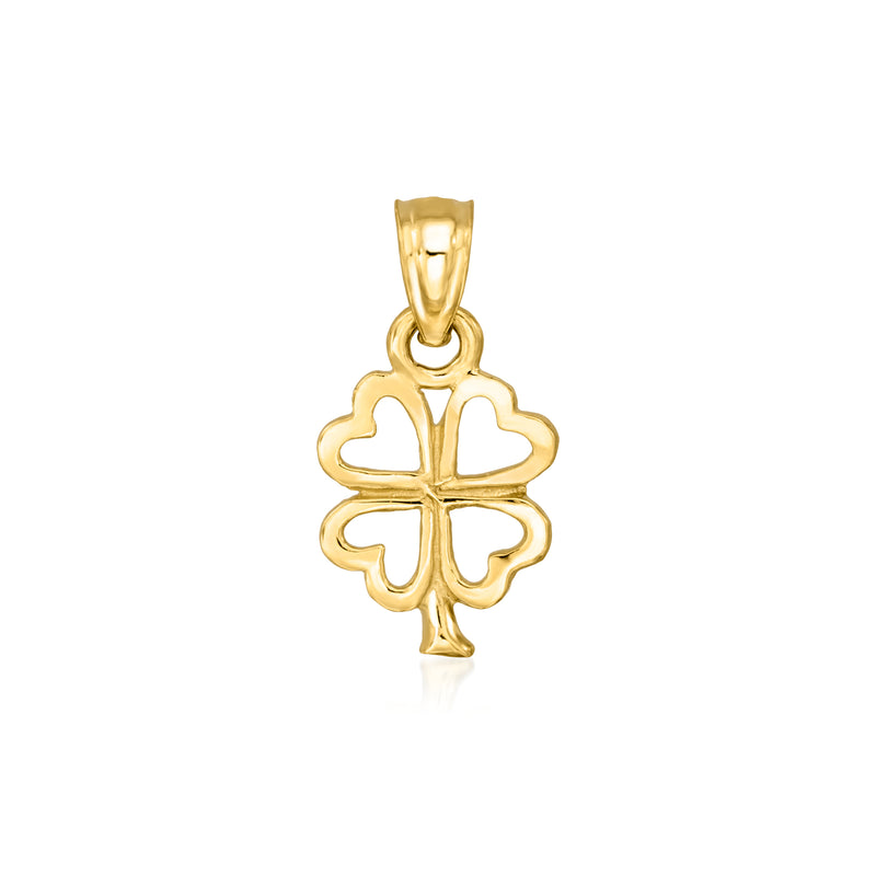 Petite 10kt yellow gold clover pendant with loop bail, polished quatrefoil design.