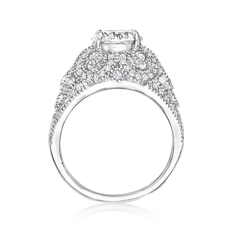 Sterling silver CZ ring with round center stone and ornate pave side details