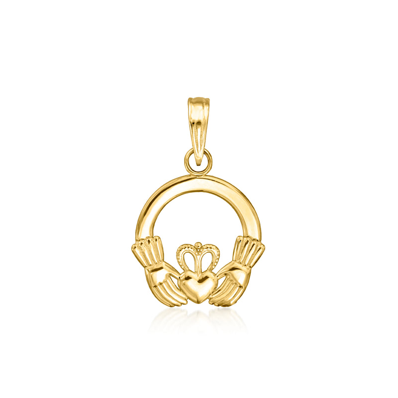 10kt yellow gold Claddagh pendant with heart and hands inside round arch