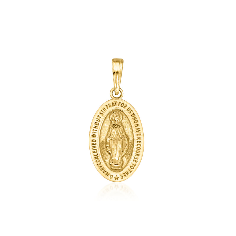 Miraculous medal pendant in 10kt yellow gold, oval Virgin Mary relief and bail