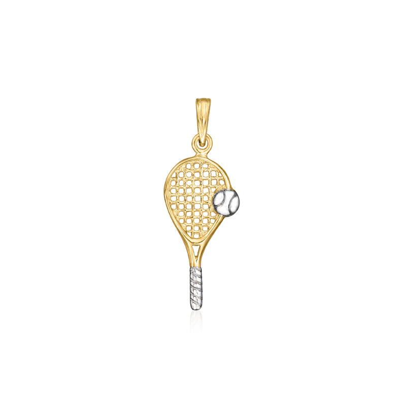 Two-tone gold tennis racket pendant with textured racket head and hanging bail