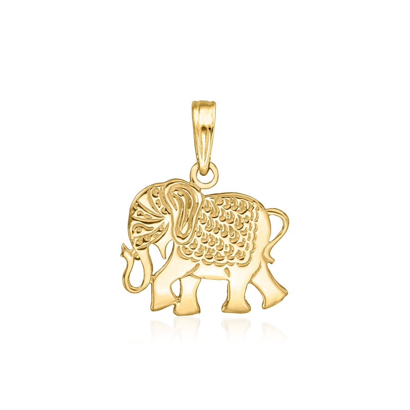 10kt yellow gold elephant pendant with textured relief and loop bail
