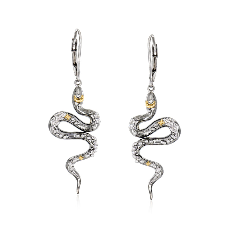 Snake drop earrings in polished sterling silver with gold-tone accents, leverback hooks