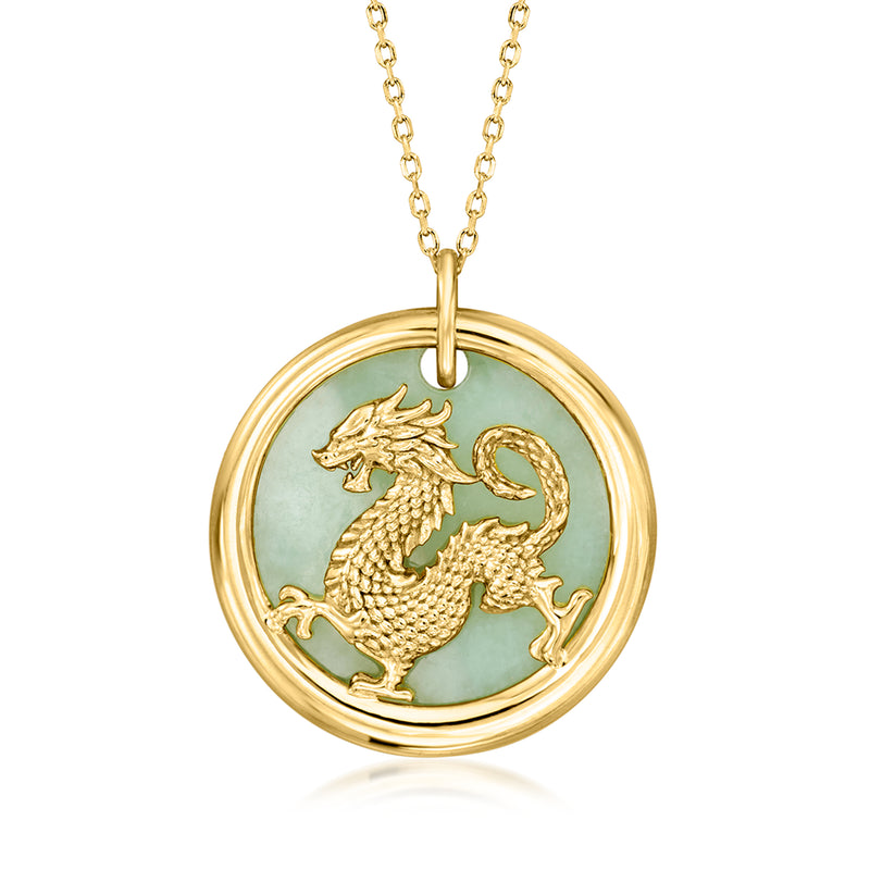 Gold pendant necklace with round jade-green dragon charm on gold-toned chain
