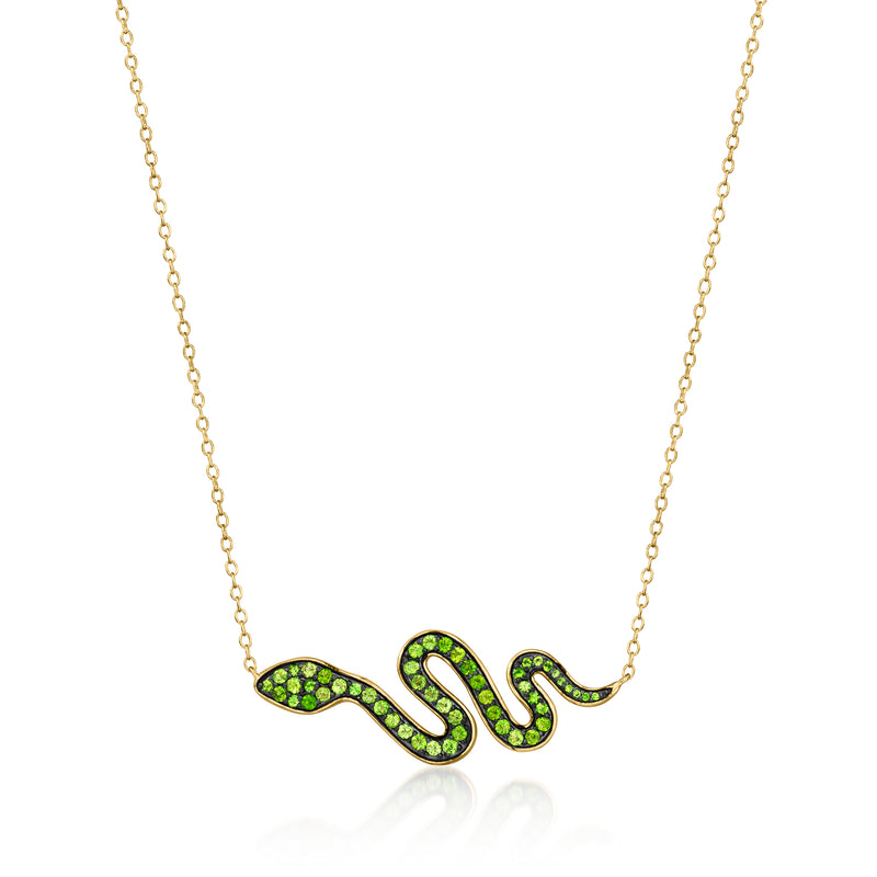 Gold over sterling snake necklace with green gemstone coiled pendant on chain
