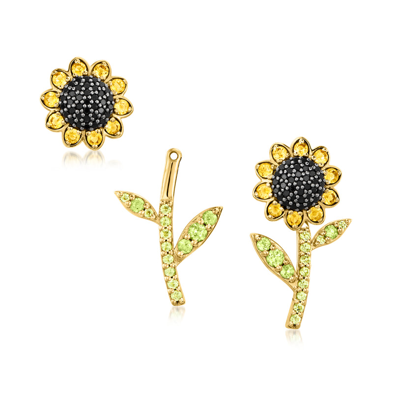 Sunflower drop earrings with black center, yellow petals, and green leaf accents