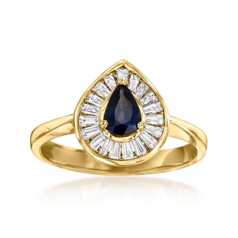 14k yellow gold vintage ring with pear sapphire center and diamond halo