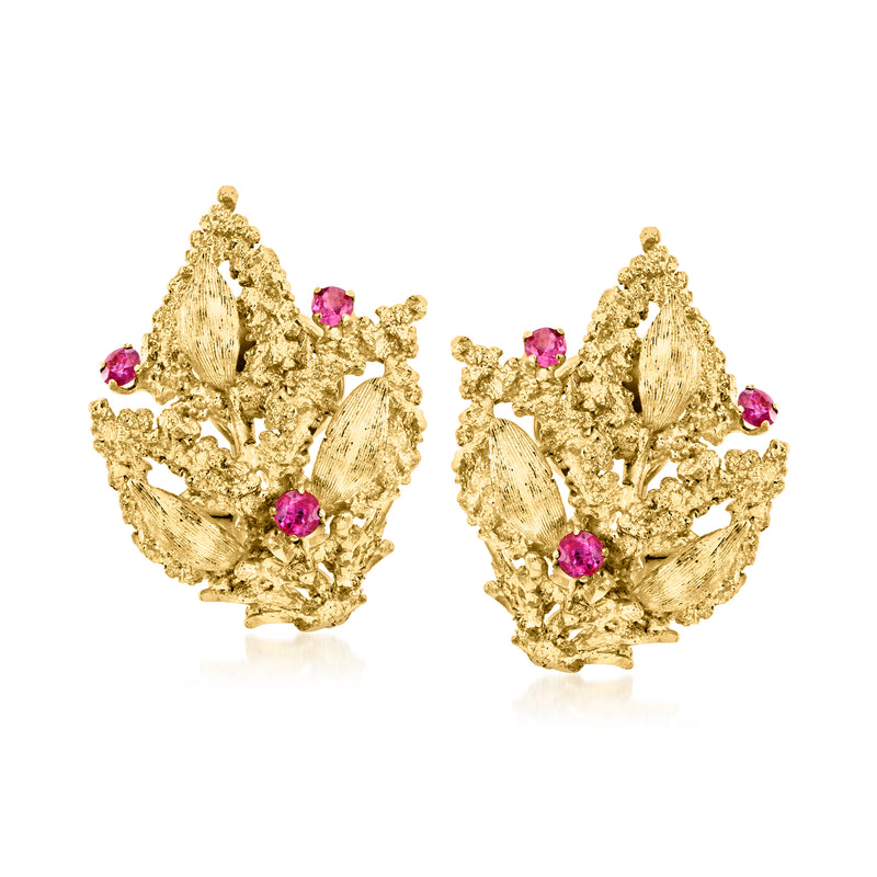 18kt yellow gold textured floral clip-on earrings with pink ruby-like stones