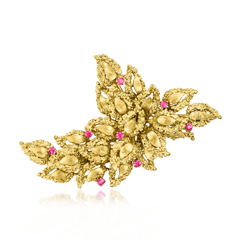 Vintage floral ruby pin in 18kt yellow gold with pink stone accents