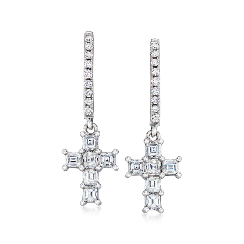 Diamond cross hoop drop earrings in 18kt white gold with baguette and square stones
