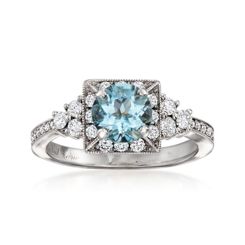 14kt white gold aquamarine halo diamond ring, blue center stone and side diamonds
