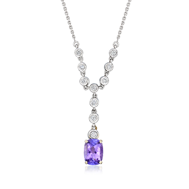18k white gold vintage necklace with oval purple tanzanite pendant and diamond halo links