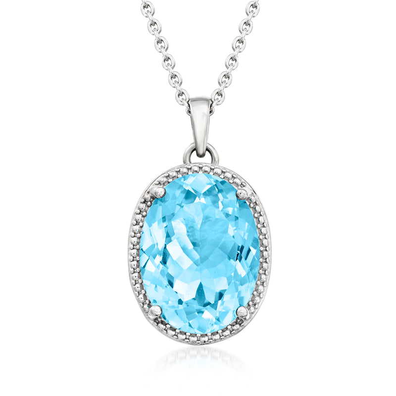 Sterling silver pendant necklace with oval Swiss blue topaz and halo setting