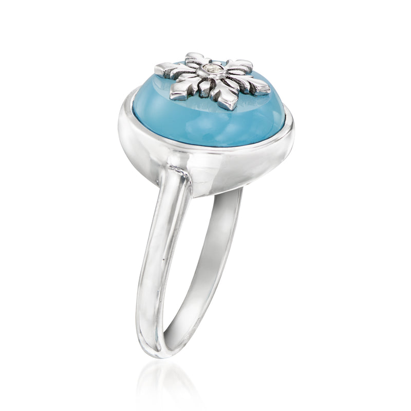Sterling silver snowflake ring, blue cabochon top with white accent