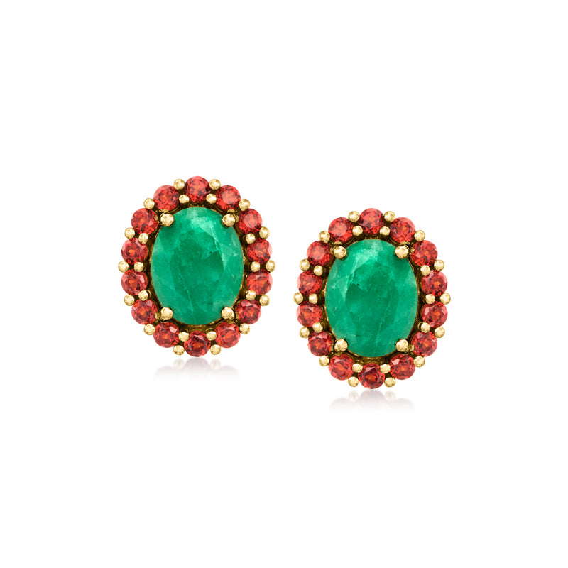 Oval emerald-green stud earrings with red garnet halo in gold-tone setting