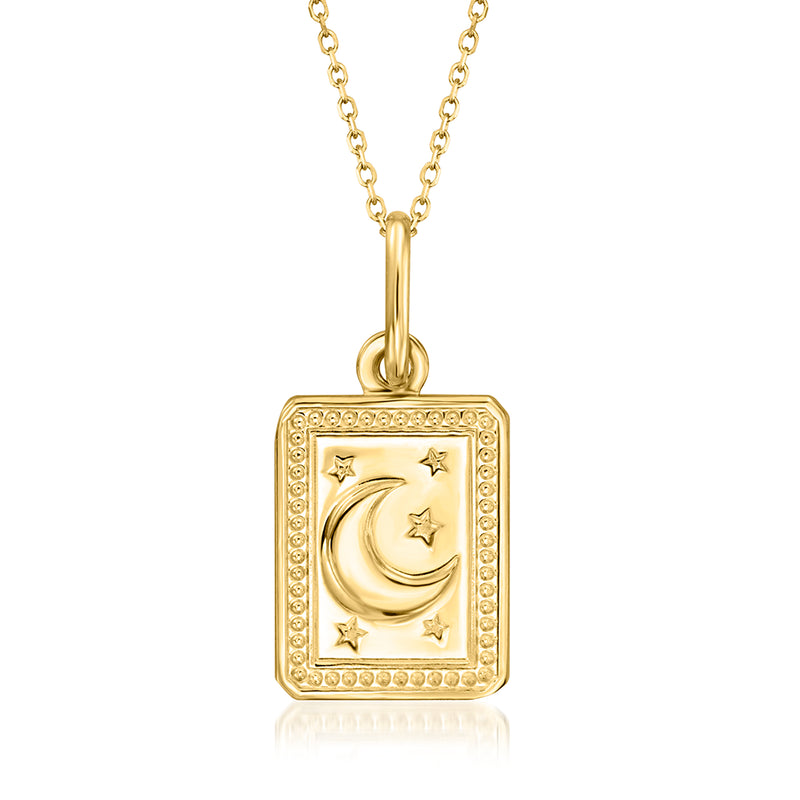 14kt yellow gold moon and stars pendant necklace with rectangular frame, gold chain